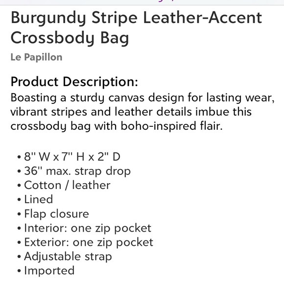 Le Papillon-white/burgundy stripe canvas/leather accent crossbody bag-LAST1! NWT - Picture 4 of 4